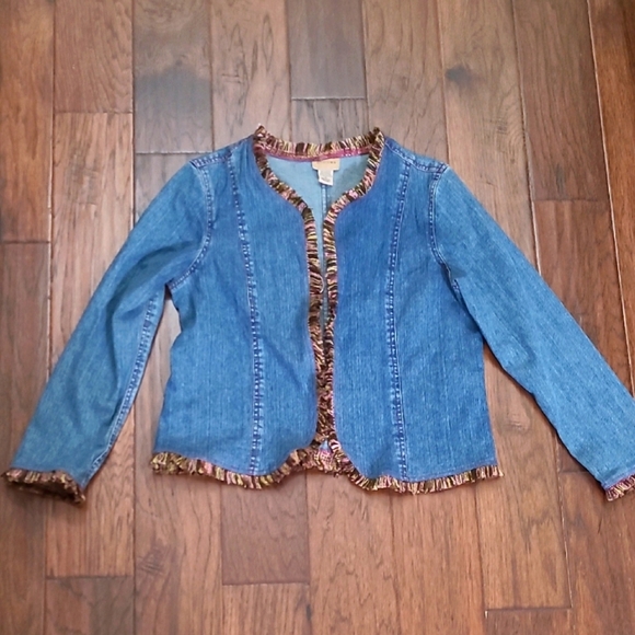 Choices Jackets & Blazers - Choices women's denim jacket with a vibrant multicolor fringed hem size Medium